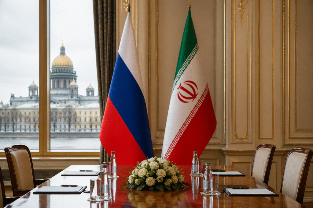 Neutral-toned diplomatic setting with Russian and Iranian flags and a formal meeting table in St Petersburg, symbolizing high-level talks between officials.