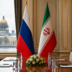 Neutral-toned diplomatic setting with Russian and Iranian flags and a formal meeting table in St Petersburg, symbolizing high-level talks between officials.