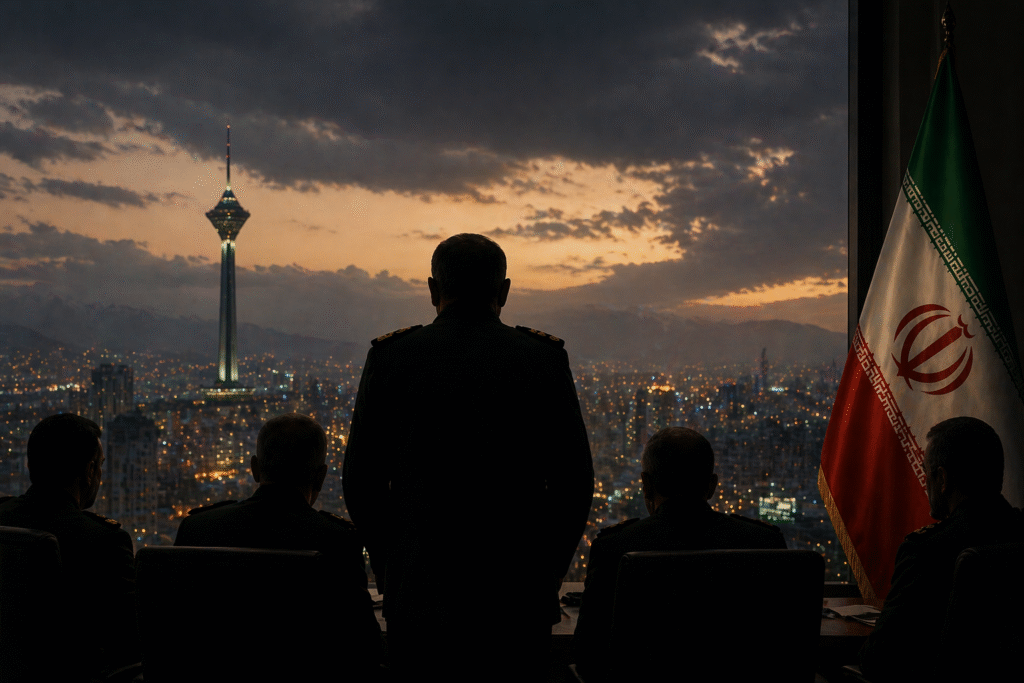 Silhouetted figures in a dimly lit setting with Tehran skyline in the background, symbolizing shifting political and military power in Iran.