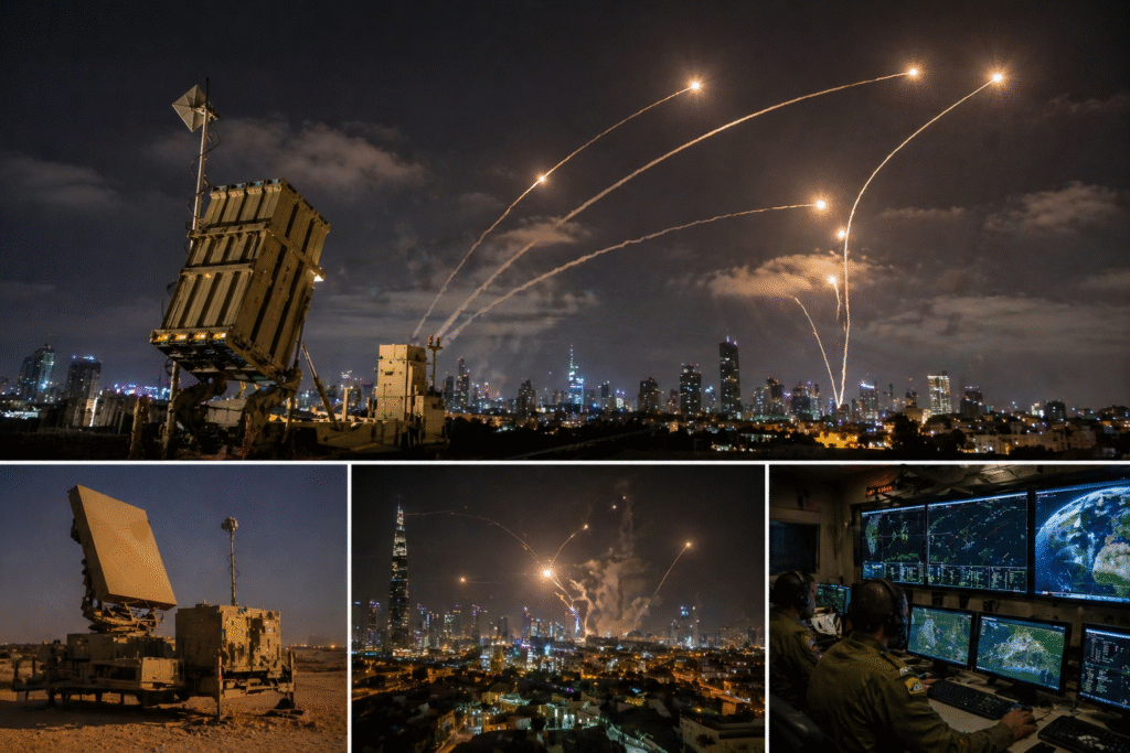 Air defense system intercepting incoming missiles over a city at night, with radar equipment and command center monitoring active threats.