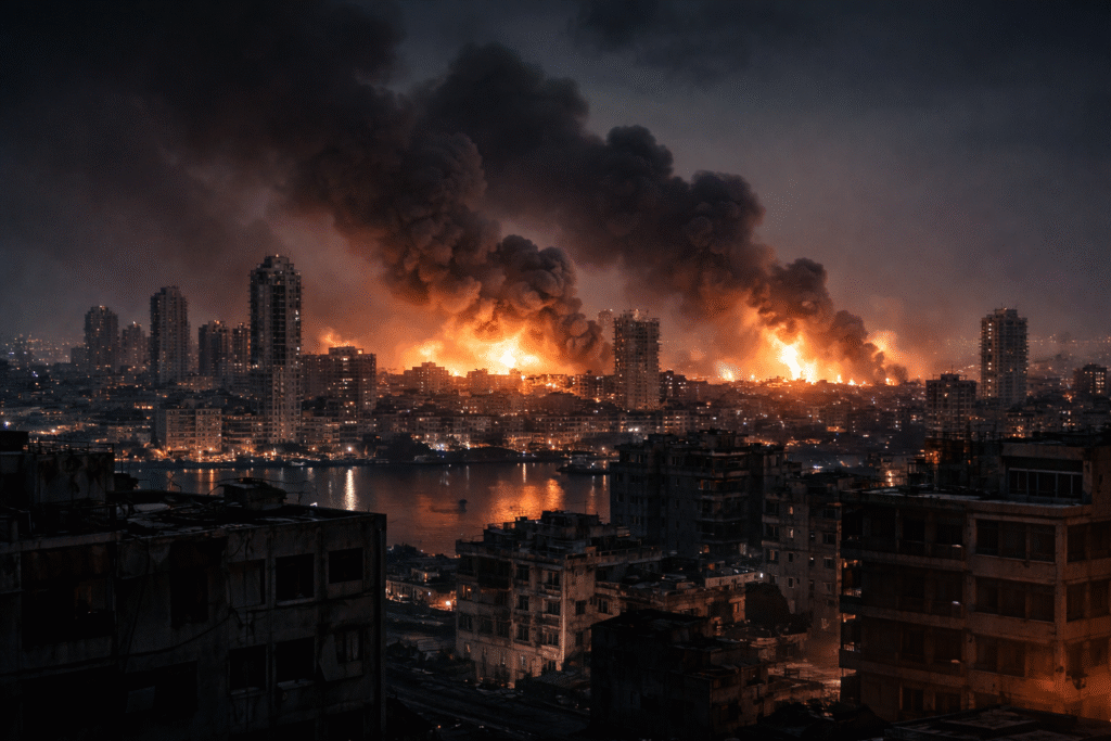 City skyline at night with distant explosions and smoke rising over buildings during airstrikes in Lebanon