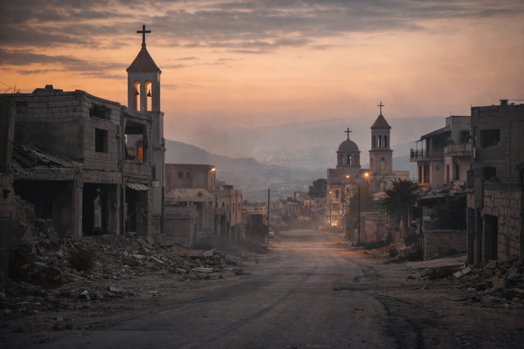 Southern Lebanese village with church buildings and light structural damage at dusk, symbolizing the impact of ongoing conflict on Christian communities