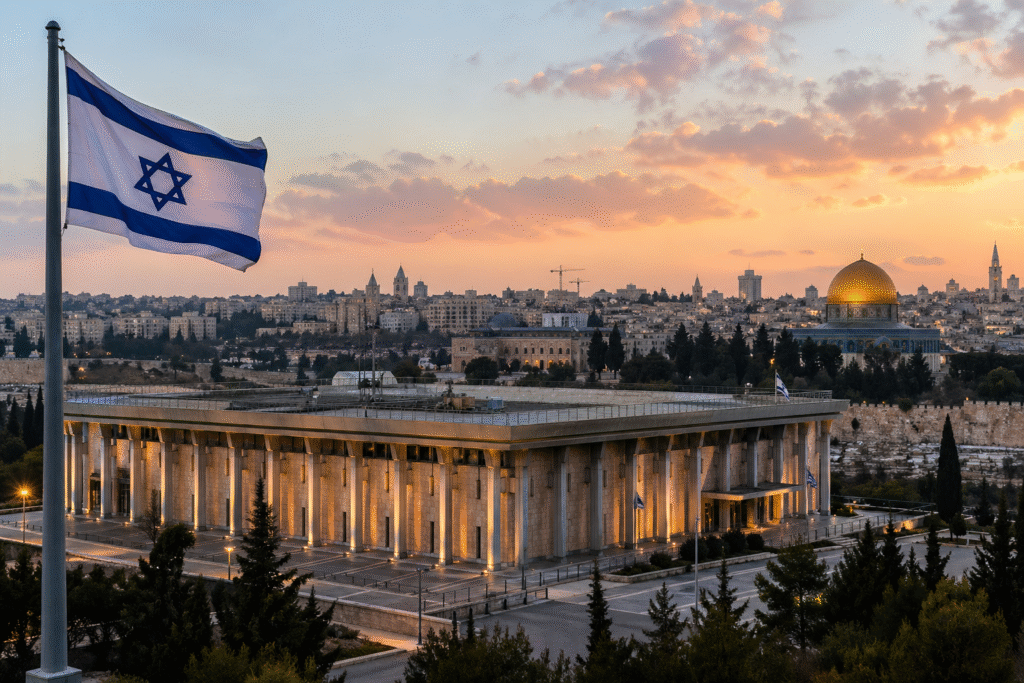 Government buildings in Jerusalem with an Israeli flag in view, symbolizing legal and political proceedings involving national leadership.
