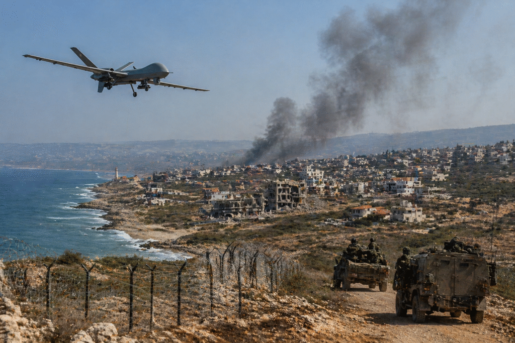 Coastal conflict zone showing damaged buildings and smoke near shoreline with military activity and drones overhead.