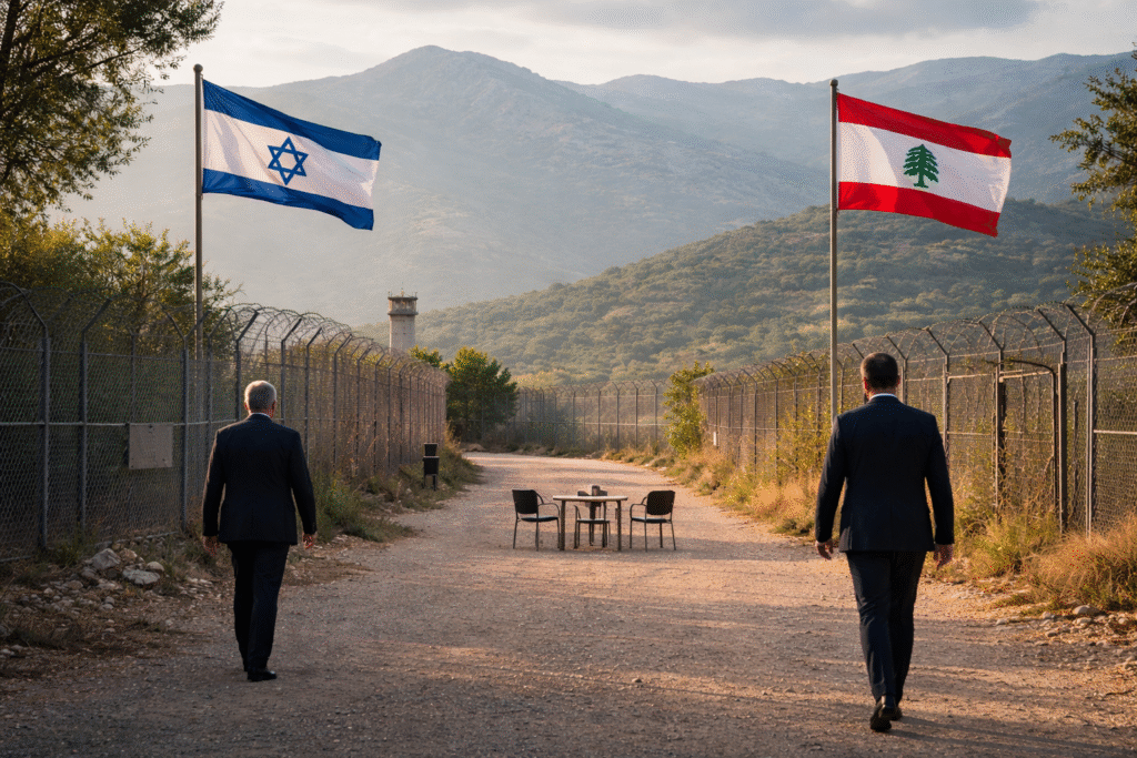 Two officials approaching a border meeting point between Israel and Lebanon, symbolizing renewed diplomatic talks.