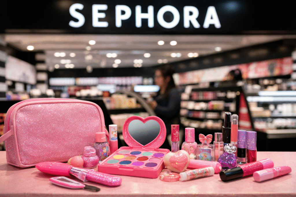 Display of colorful children-themed cosmetic products arranged inside a beauty retail store environment, representing marketing of makeup to younger audiences.