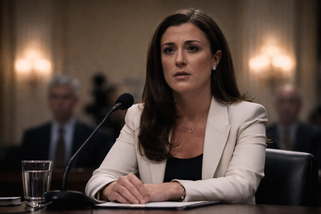 Woman with shoulder-length brown hair and a concerned expression testifying at a hearing, seated at a table with a microphone, glass of water, and blurred officials in the background