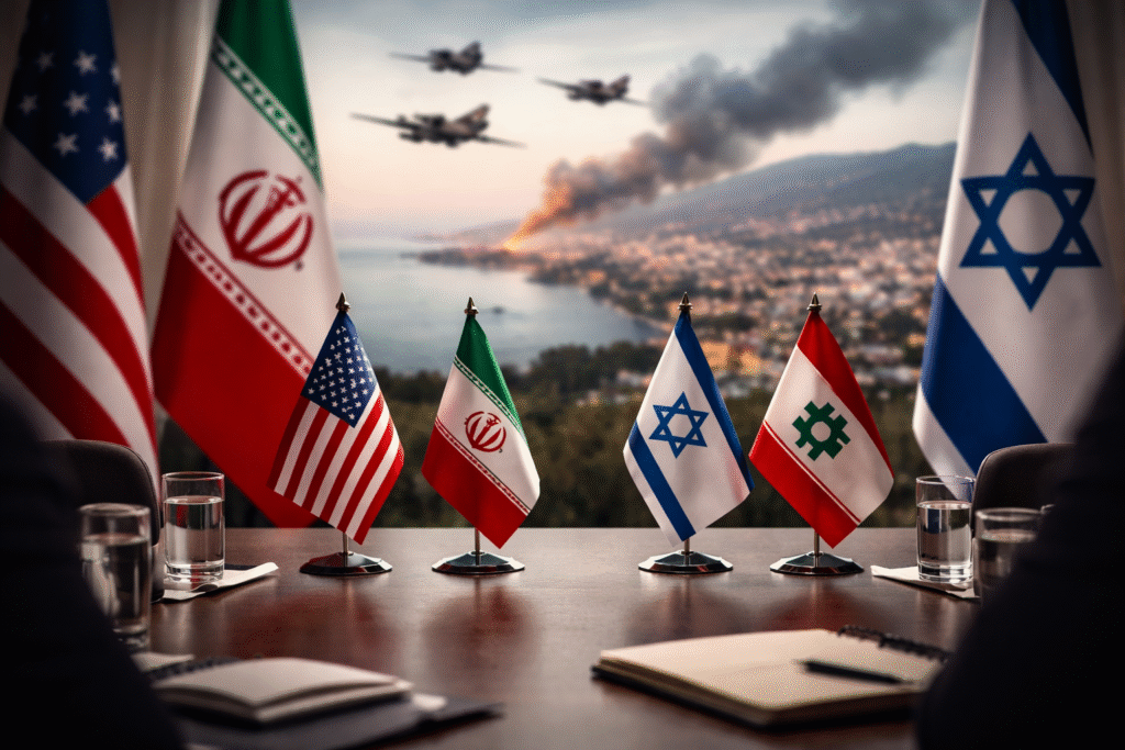 Symbolic scene showing Middle East geopolitical tension with blurred flags, military presence, and diplomatic setting representing ceasefire negotiations involving Iran, Israel, and Lebanon.