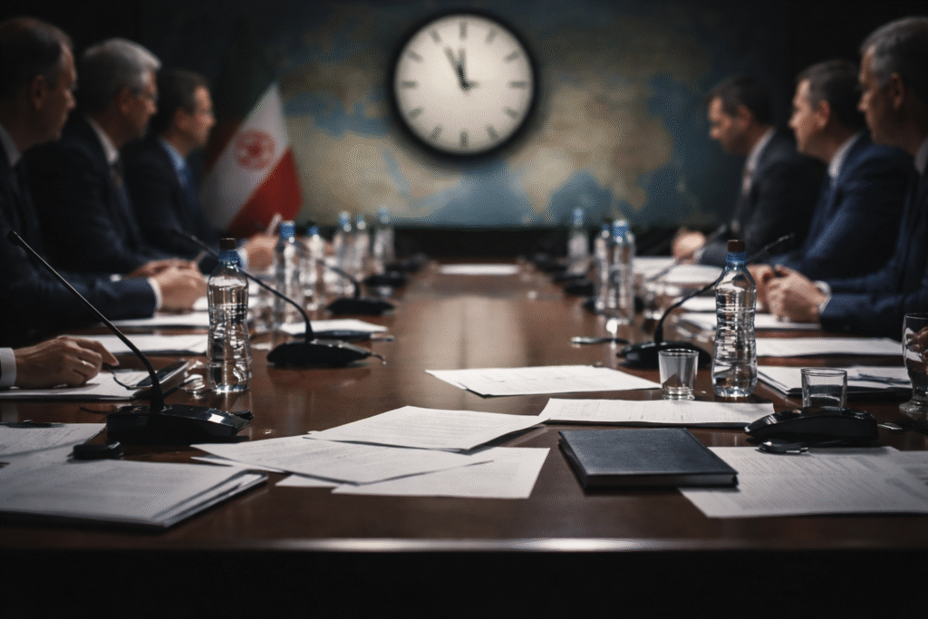 Blurred diplomatic meeting scene with delegates facing each other at a table and a clock nearing deadline, representing stalled Iran conflict negotiations.
