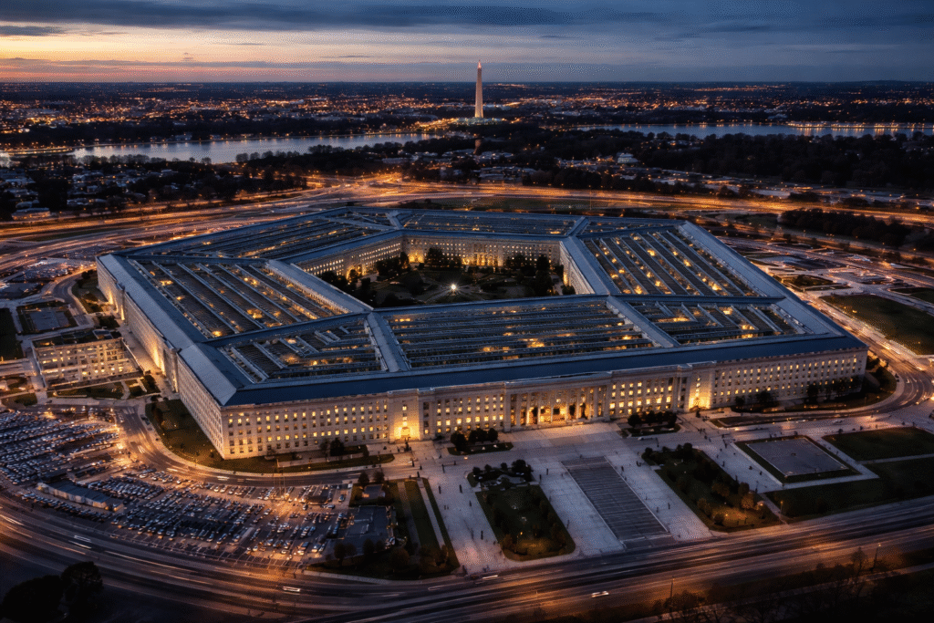Exterior view of the Pentagon building in Washington DC at dusk, symbolizing leadership changes within the US Department of Defense.