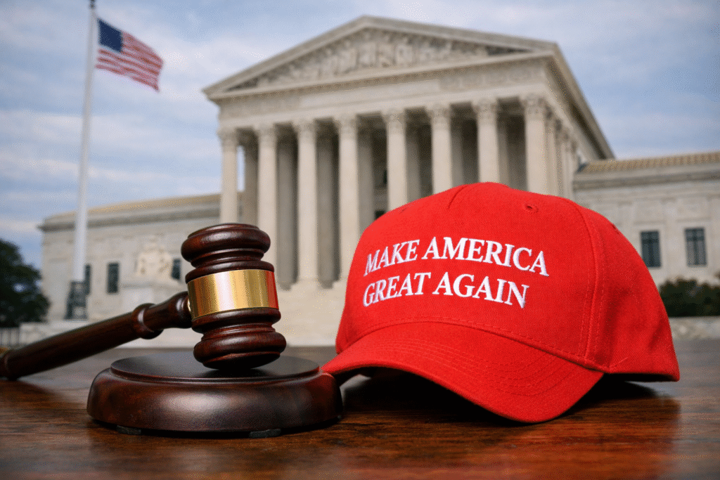 Gavel and red cap in front of the United States Supreme Court building representing a legal ruling involving a MAGA-aligned figure