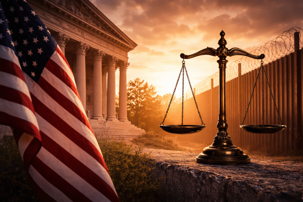 Scales of justice in the foreground with a US courthouse, American flag, and border fence at sunset, symbolizing legal and immigration policy debate.