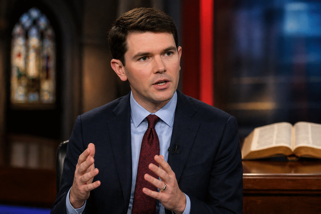 Male politician speaking during a studio interview, seated near an open Bible with a softly lit church window in the background
