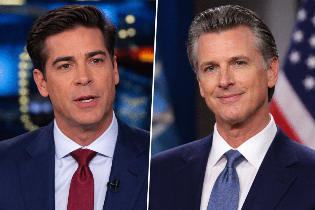 Split-screen image showing a television news host speaking in a studio on the left and a suited public official smiling with a blurred American flag background on the right.
