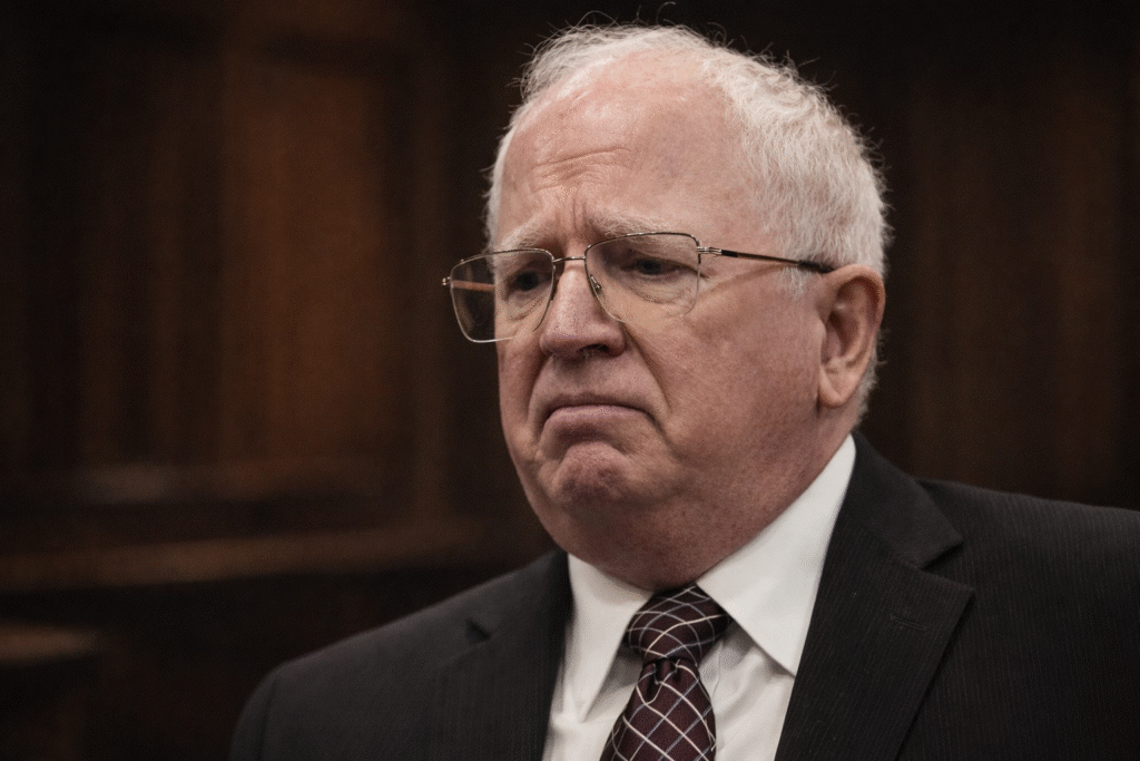 Close-up of an older man in a suit with a concerned, downcast expression, standing in a dim courtroom setting with wooden paneling in the background.