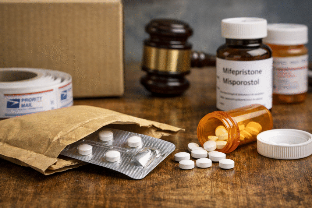 Close-up of abortion pills in packaging beside a mailing envelope and prescription bottle, symbolizing mail-order distribution and regulatory oversight.