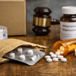 Close-up of abortion pills in packaging beside a mailing envelope and prescription bottle, symbolizing mail-order distribution and regulatory oversight.