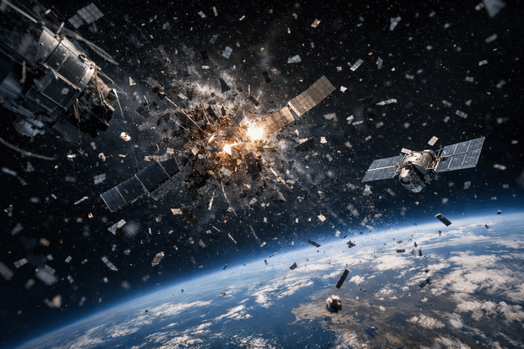 Satellite debris collision in low Earth orbit creating a cloud of fragments above Earth, illustrating Kessler Syndrome risk.