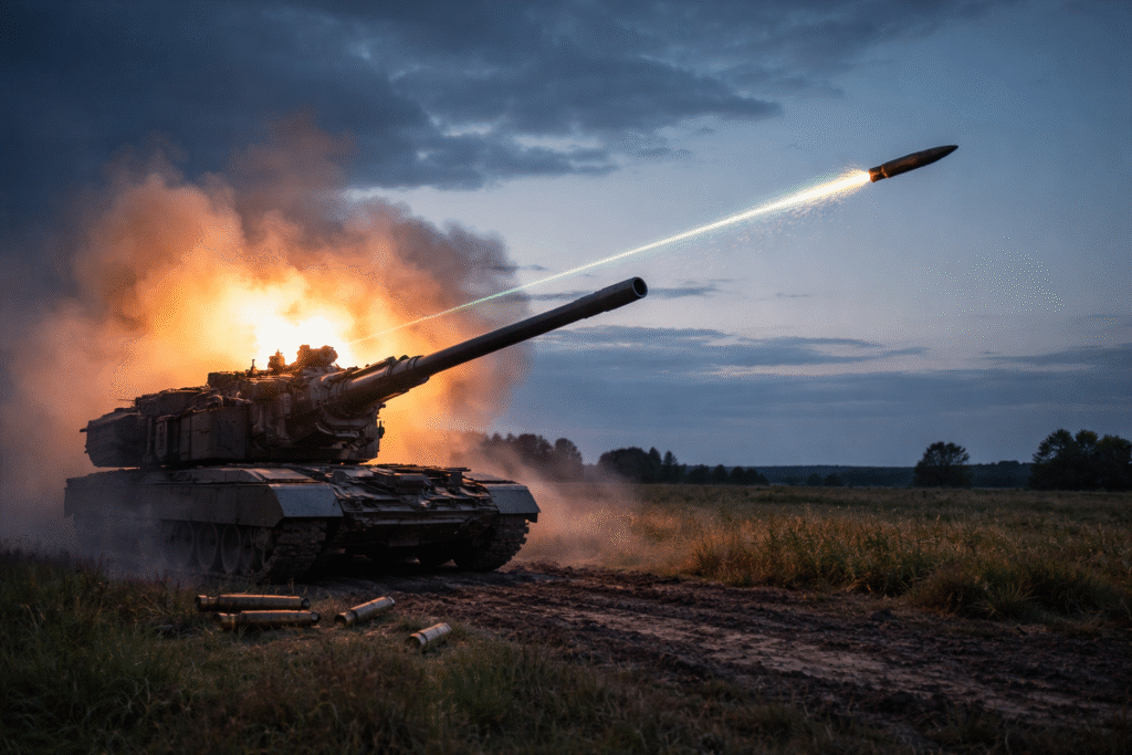Modern artillery system firing a precision-guided shell in a field at dusk, illustrating advanced military targeting technology.