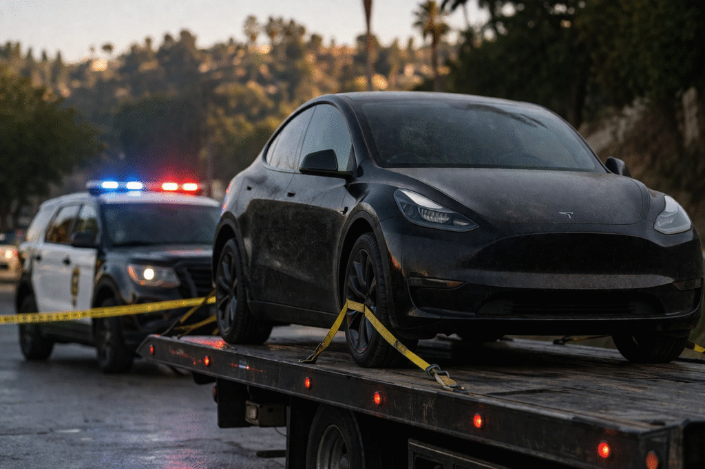 Black Tesla Model Y secured on a tow truck with police vehicle and flashing lights in the background during an active investigation scene.