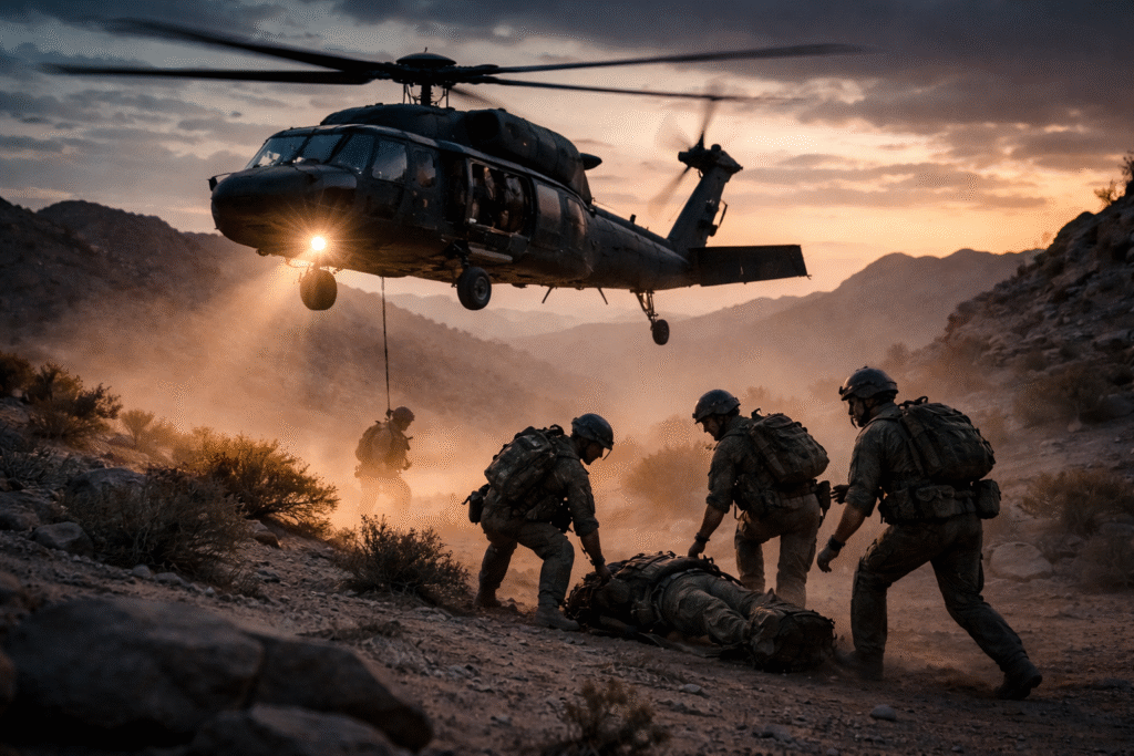 Military rescue helicopter hovering over desert terrain while a small team prepares to extract a stranded soldier, symbolizing combat search and rescue operations