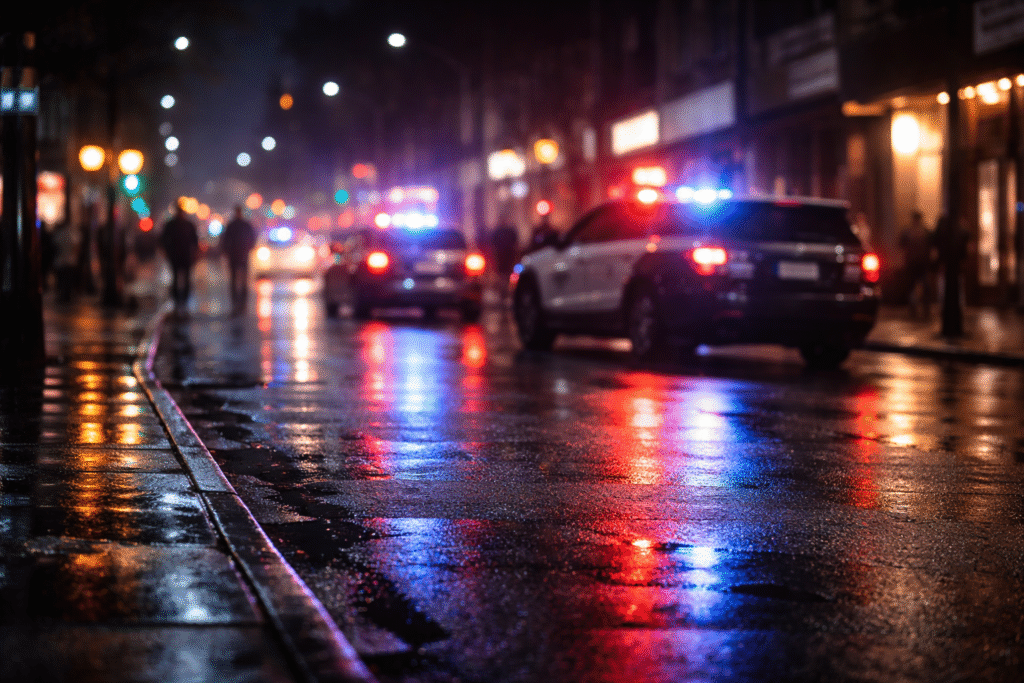Blurred urban street at night with police lights reflecting on wet pavement, symbolizing public safety concerns in immigration debate