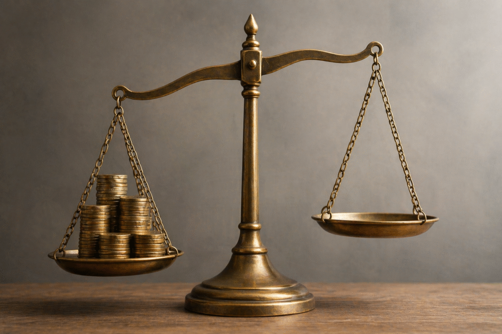 Brass balance scale on a wooden surface with one side weighed down by stacked coins and the other side empty against a neutral background.