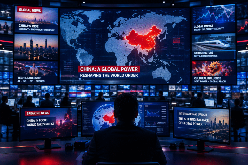 Global news environment showing China highlighted on digital screens and world maps, symbolizing international media focus and geopolitical influence.