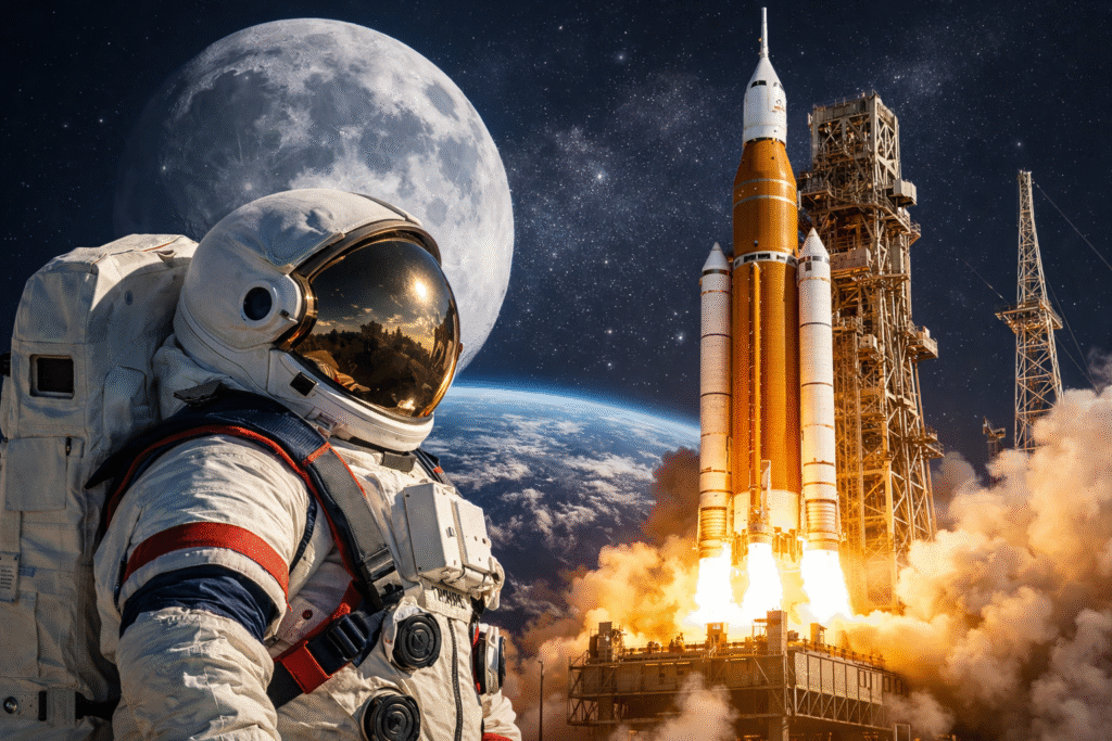 Astronaut in modern spacesuit observing a powerful rocket launch with Earth and the Moon visible in space background.