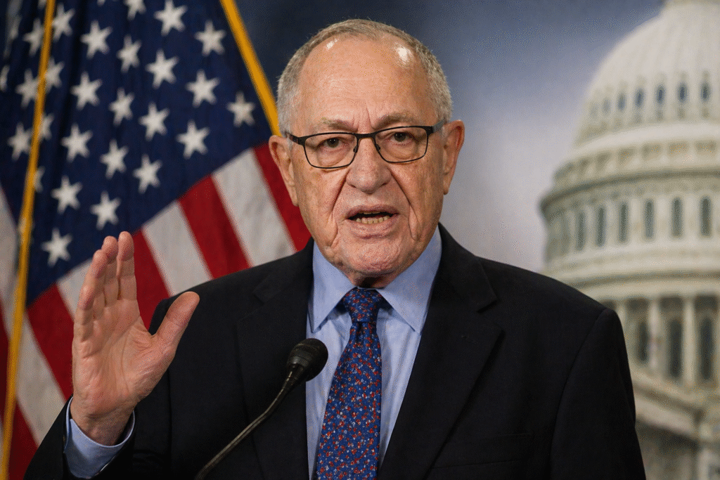 Older male speaker at a press conference standing behind a microphone with an American flag and government building in the background.