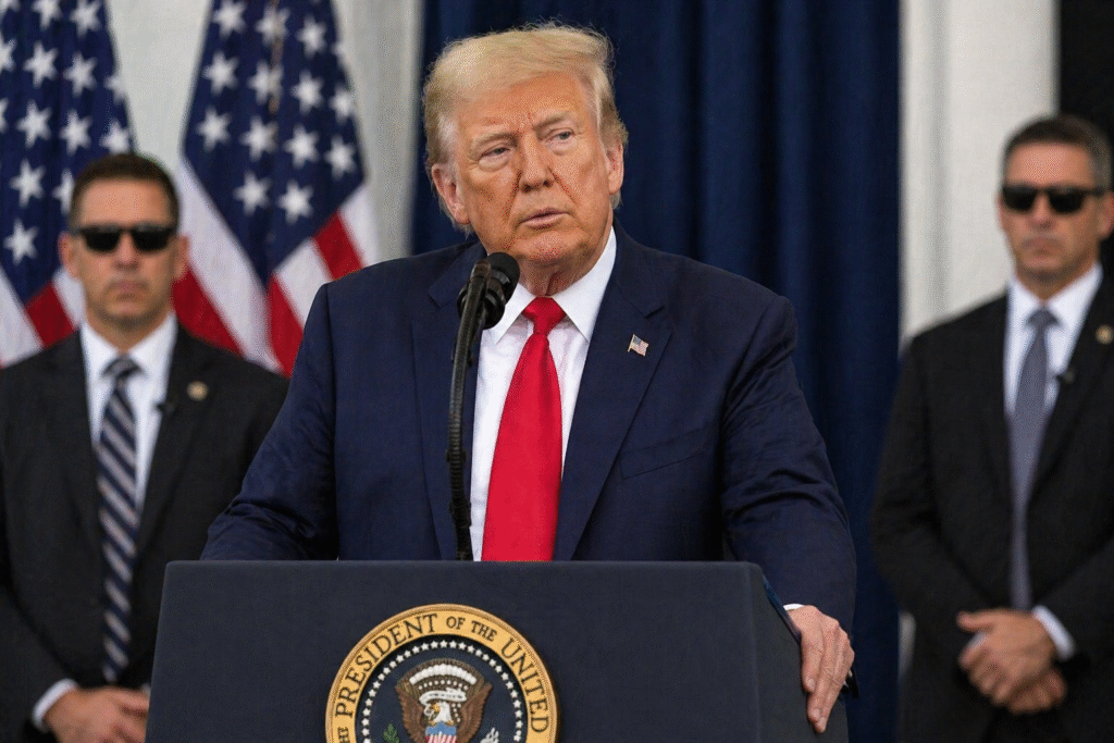 Donald Trump speaking at a podium with an American flag backdrop during a formal press setting, appearing serious and composed.