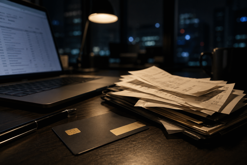 Corporate credit card and receipts on an office desk at night suggesting financial misconduct investigation.