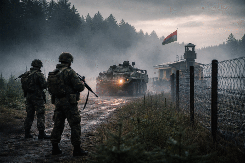 Military vehicles and soldiers positioned near a foggy Eastern European border checkpoint, symbolizing rising regional tensions and defense readiness.