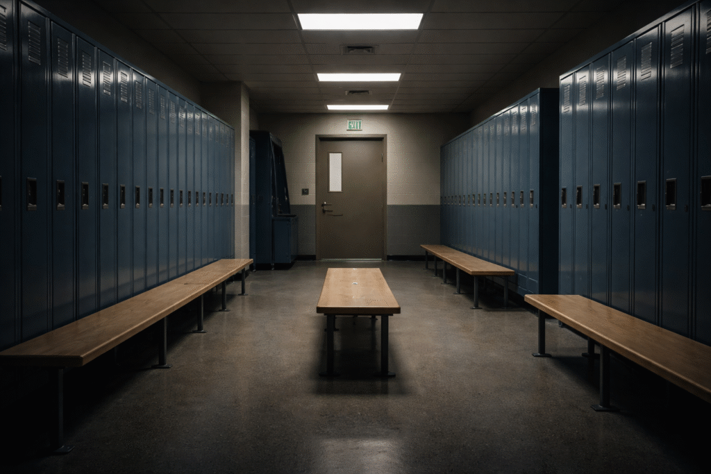 Empty school changing room with lockers and benches, dimly lit to represent privacy concerns and investigation context.