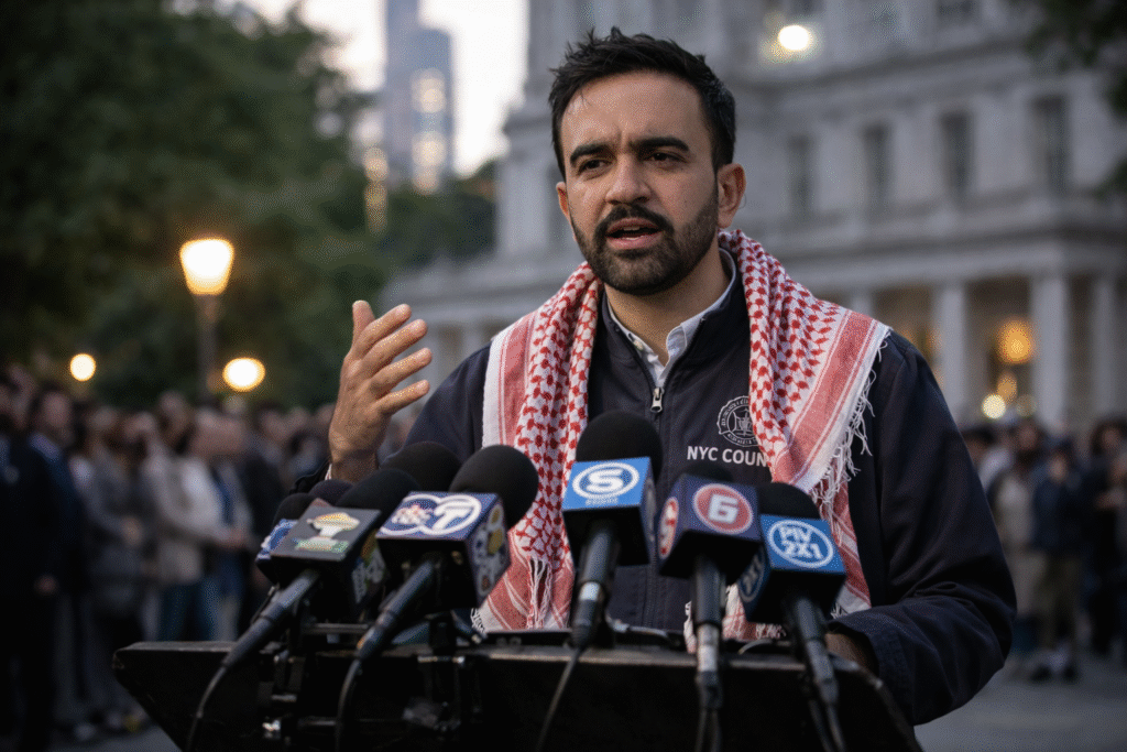 A man with short dark hair and a trimmed beard speaks at an outdoor press conference, gesturing beside multiple microphones with a blurred city building and crowd in the background.