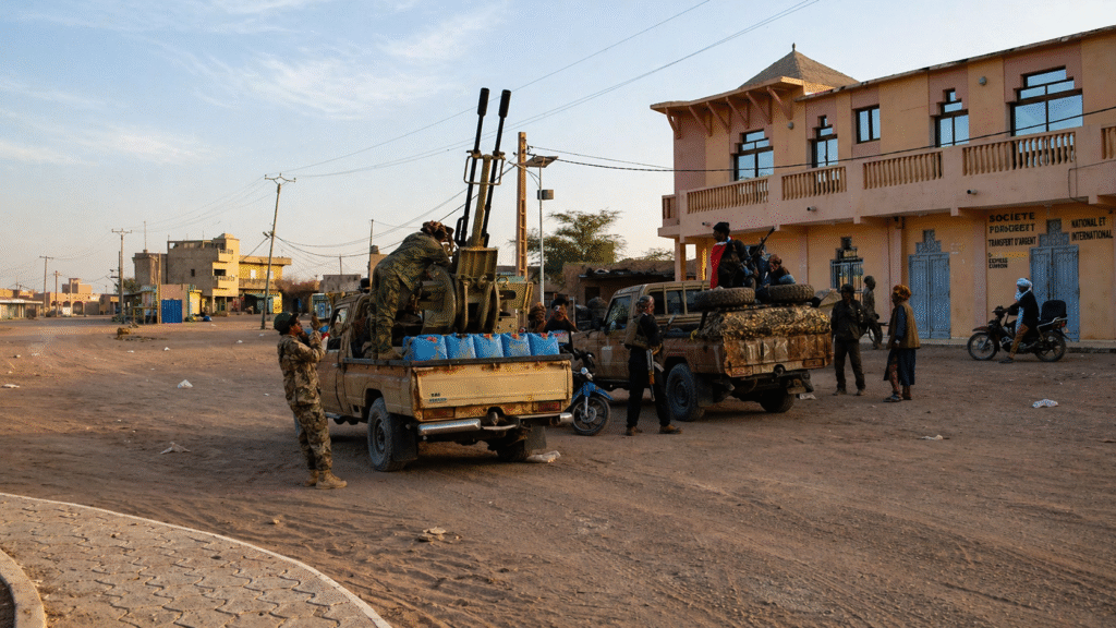 Armed fighters gathered around pickup trucks mounted with heavy weapons on a dusty street in a small town, with low-rise buildings, motorbikes, and bystanders in the background.