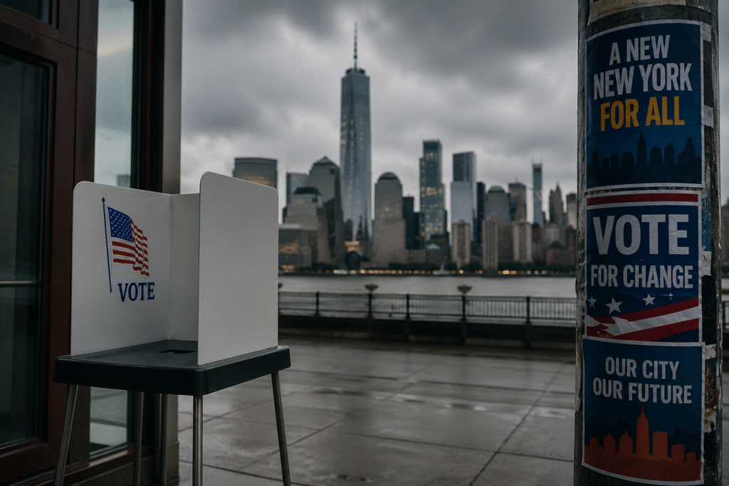 Urban New York City scene with subdued lighting, empty voting booth and blurred campaign posters reflecting a quiet political atmosphere.