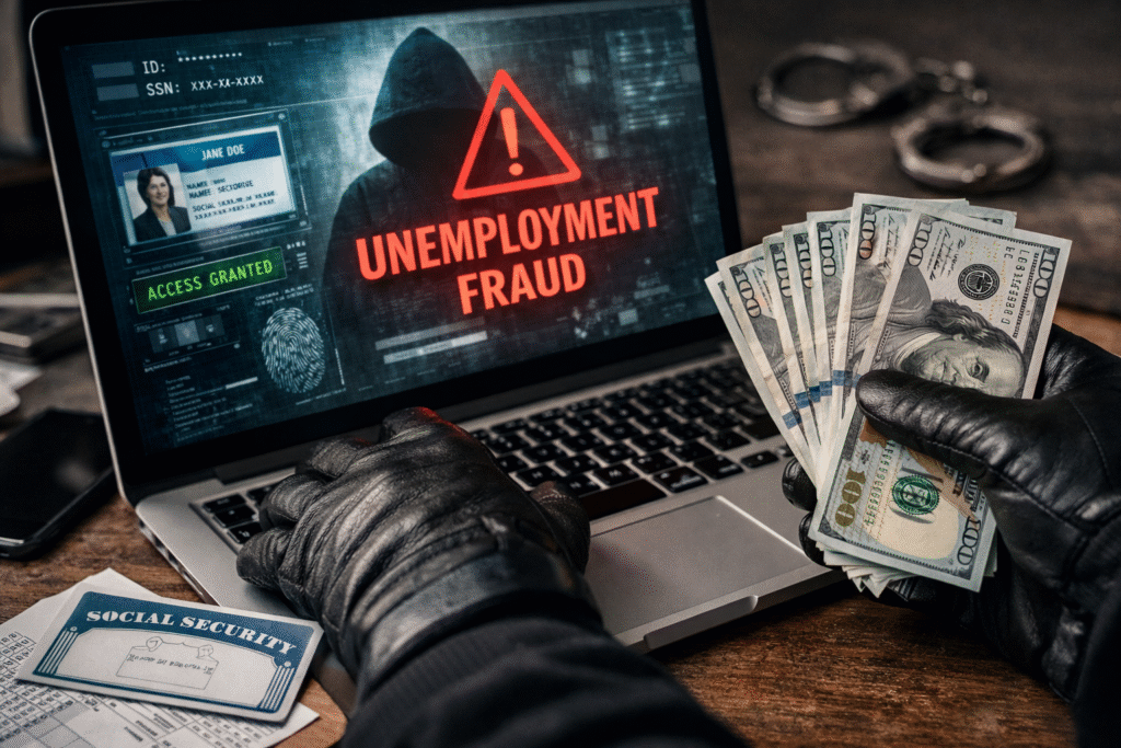 Gloved individual using a laptop while holding cash, symbolizing unemployment fraud and financial misconduct investigation.