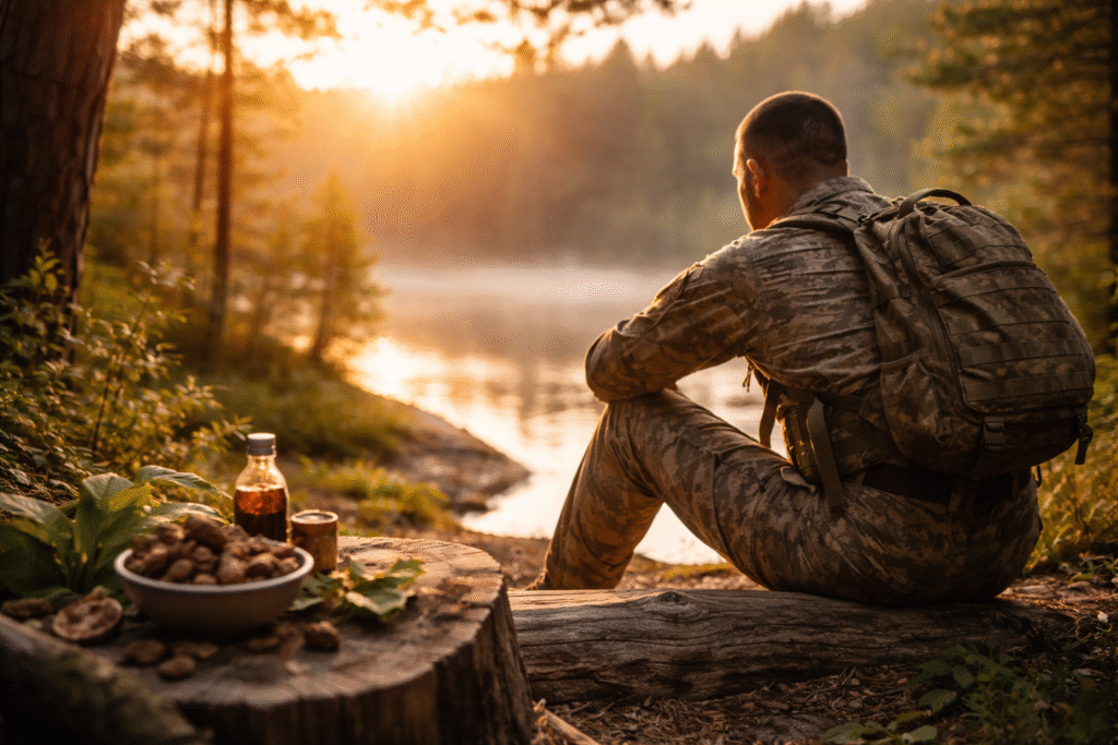 A military veteran sitting outdoors at sunrise in a calm, reflective pose, symbolizing recovery and healing through alternative therapy.