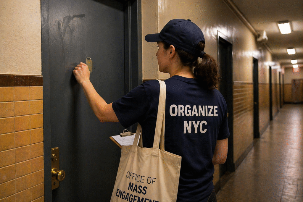 Person knocking on an apartment door in a residential hallway, representing door-to-door outreach related to housing policy efforts.