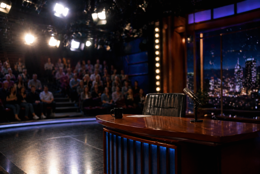 Empty late-night talk show stage with host desk and bright studio lights suggesting media controversy.