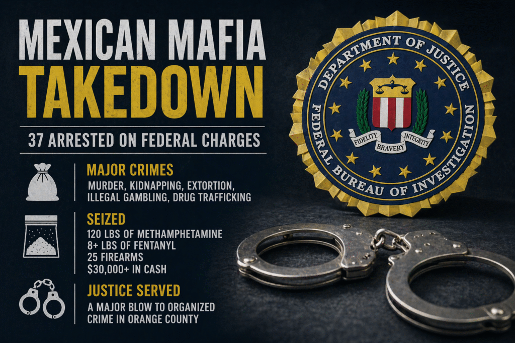Handcuffs placed beside a federal law enforcement badge symbolizing arrests in a major organized crime crackdown.