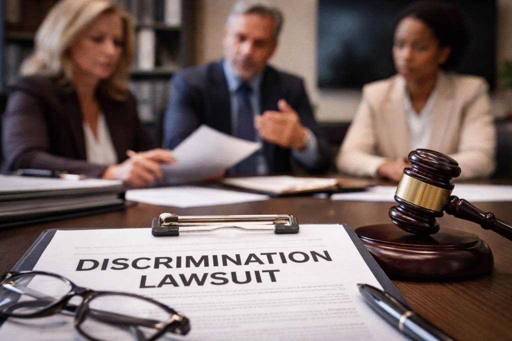 Close-up of legal documents related to a discrimination lawsuit on a desk, with a judge’s gavel, glasses, and professionals discussing the case in the background.