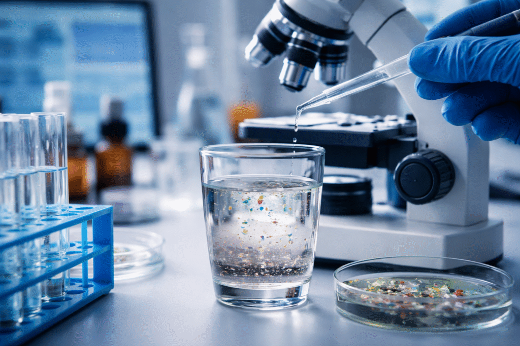 Close-up of drinking water being tested in a laboratory for microplastics and chemical contaminants using scientific equipment.