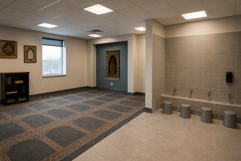 Modern school prayer space with tiled floor and washing stations, representing religious accommodation facilities within a public school setting.