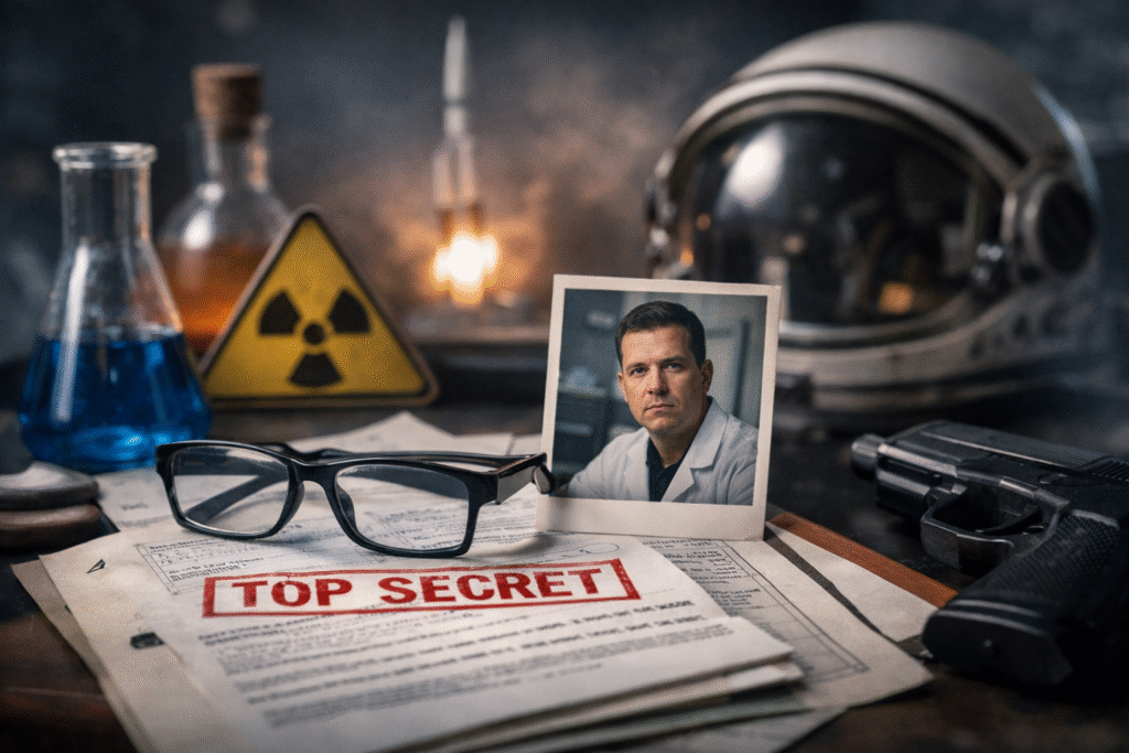 Close-up scene showing scientific equipment, documents, and personal items on a desk, symbolizing missing researchers linked to classified work.