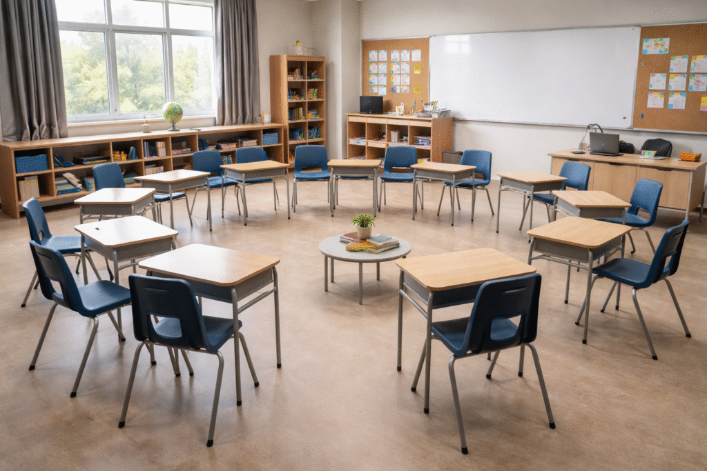 Empty classroom arranged in a circle to represent restorative discipline practices in schools