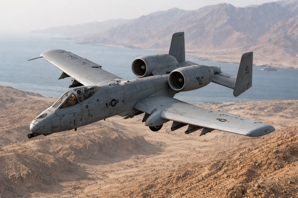 US A-10 military aircraft flying over desert terrain near the Strait of Hormuz with mountainous background and clear sky