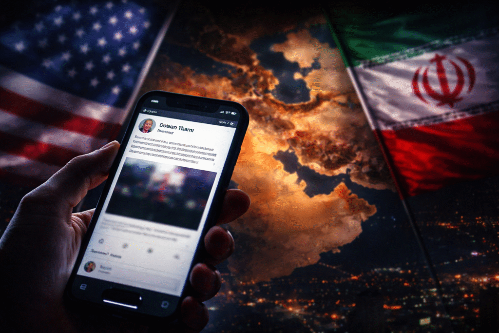 Smartphone displaying a blurred social media post against a dark background with symbolic imagery of US and Iran tensions.