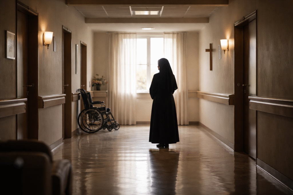 Quiet nursing home corridor with soft lighting and a symbolic silhouette of a nun near a window, representing religious freedom concerns in healthcare settings.